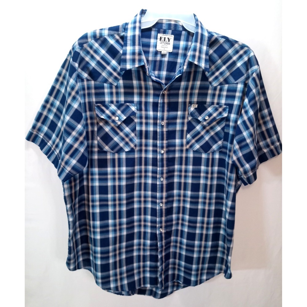Ely Cattleman Men's Western Pearl Snap Button Down Shirt, XXL, Blue Plaid